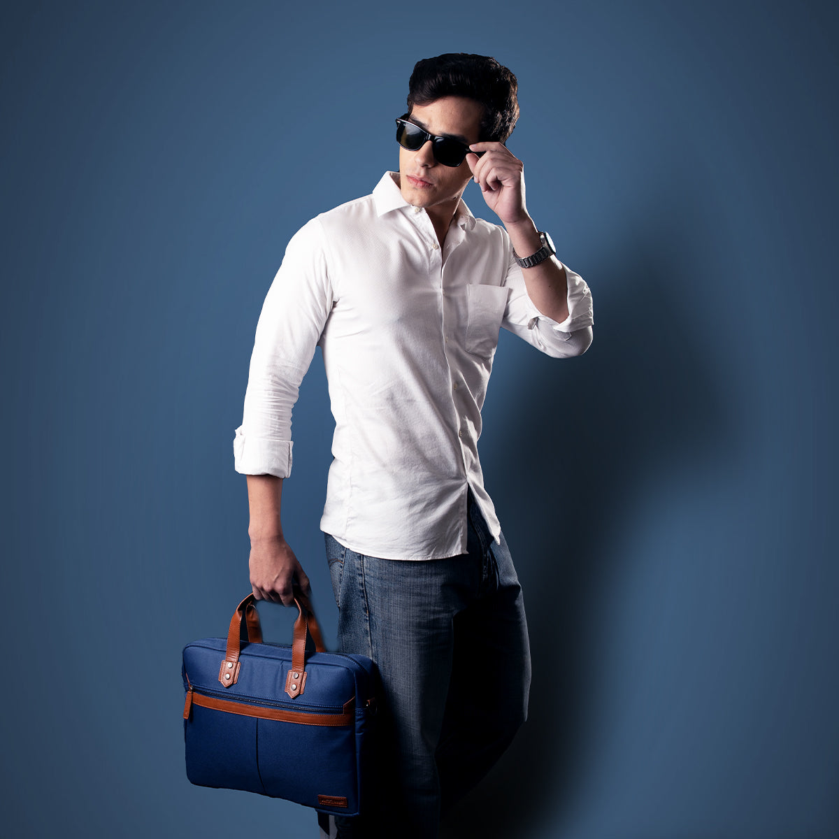 Navy Blue and Tan Office Messenger Bag